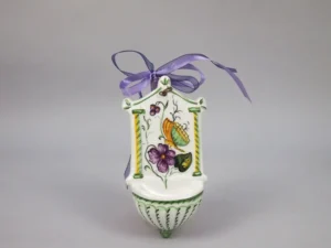 holy water stoup with violets and butterfly, Italian pottery of Faenza