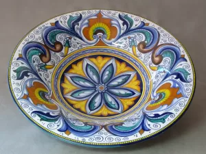 Centrotavola o ciotola decoro Pavona, diametro 39,5 cm, ceramica di faenza